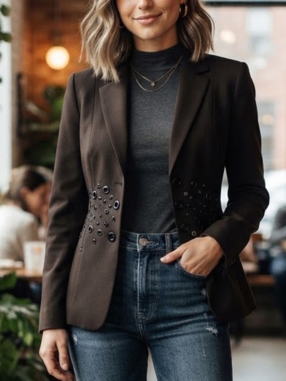 Worth Women's 4 Dark Taupe Gunmetal Grommet 2-Button Stretch Blazer Jacket